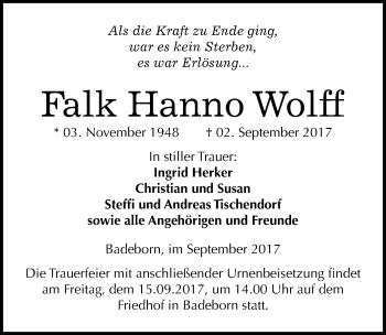 Traueranzeige von Falk Hanno Wolff von Mitteldeutsche Zeitung Quedlinburg
