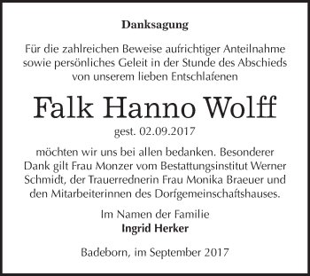 Traueranzeige von Falk Hanno Wolff von WVG - Wochenspiegel Quedlinburg