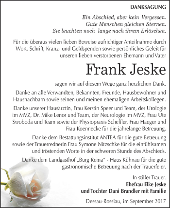 Traueranzeige von Frank Jeske von WVG - Wochenspiegel Dessau / Köthen