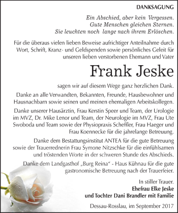 Traueranzeige von Frank Jeske von Mitteldeutsche Zeitung Dessau-Roßlau