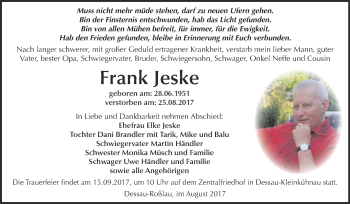 Traueranzeige von Frank Jeske von WVG - Wochenspiegel Dessau / Köthen