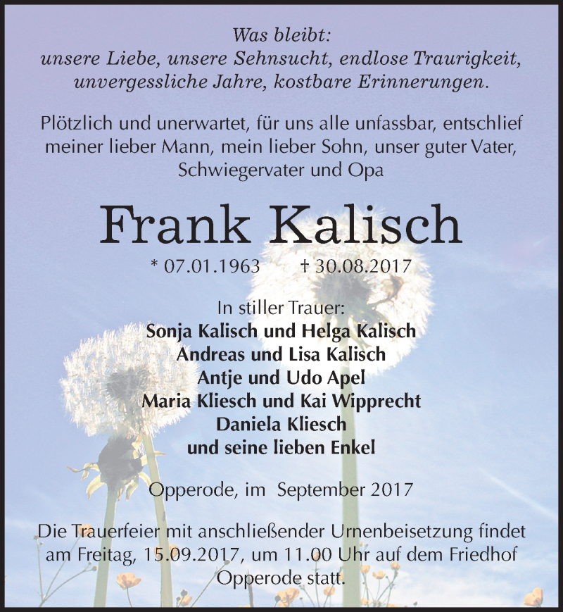  Traueranzeige für Frank Kalisch vom 08.09.2017 aus Mitteldeutsche Zeitung Quedlinburg