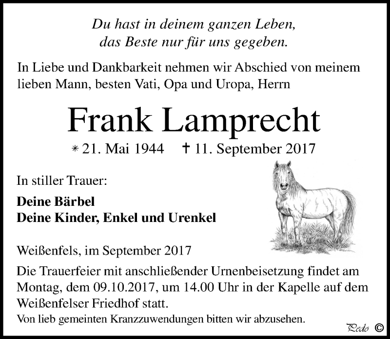  Traueranzeige für Frank Lamprecht vom 16.09.2017 aus Mitteldeutsche Zeitung Weißenfels
