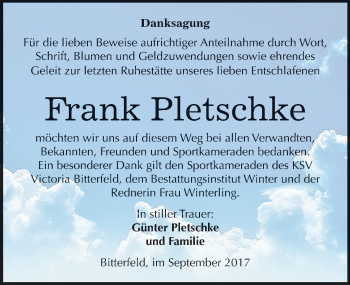 Traueranzeige von Frank Pletschke von Mitteldeutsche Zeitung Bitterfeld