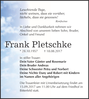 Traueranzeige von Frank Pletschke von WVG - Wochenspiegel Bitterfeld