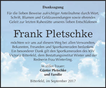 Traueranzeige von Frank Pletschke von WVG - Wochenspiegel Bitterfeld
