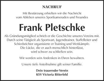 Traueranzeige von Frank Pletschke von WVG - Wochenspiegel Bitterfeld