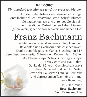 Traueranzeige von Franz Bachmann von WVG - Wochenspiegel Bitterfeld