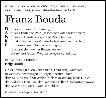 Traueranzeige von Franz Bouda von Mitteldeutsche Zeitung Halle/Saalkreis