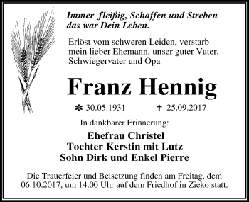 Traueranzeige von Franz Hennig von Mitteldeutsche Zeitung Wittenberg
