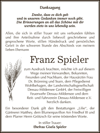 Traueranzeige von Franz Spieler von WVG - Wochenspiegel Dessau / Köthen