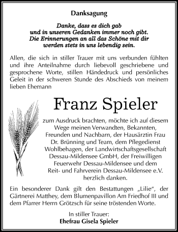 Traueranzeige von Franz Spieler von Mitteldeutsche Zeitung Dessau-Roßlau