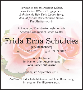 Traueranzeige von Frida Erna Schuldes von Mitteldeutsche Zeitung Wittenberg