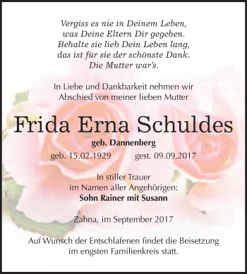Traueranzeige von Frida Erna Schuldes von WVG - Wochenspiegel Wittenberg
