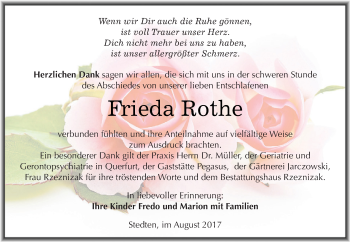 Traueranzeige von Frieda Rothe von Wochenspiegel Mansfelder Land