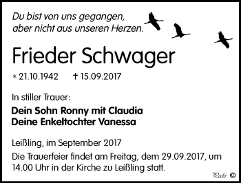 Traueranzeige von Frieder Schwager von Mitteldeutsche Zeitung Weißenfels