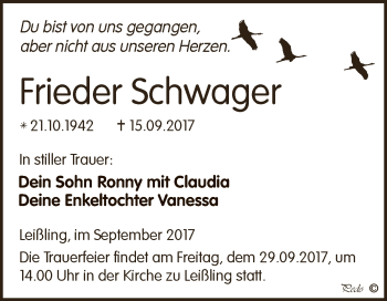 Traueranzeige von Frieder Schwager von WVG - Wochenspiegel NMB / WSF / ZTZ