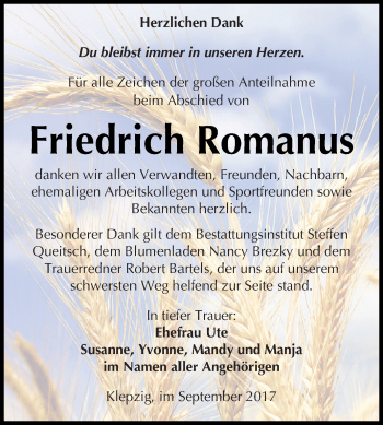 Traueranzeige von Friedrich Romanus von WVG - Wochenspiegel Dessau / Köthen
