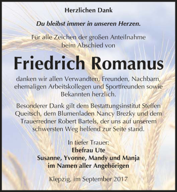 Traueranzeige von Friedrich Romanus von Mitteldeutsche Zeitung Köthen