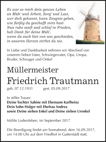 Traueranzeige von Friedrich Trautmann von WVG - Wochenspiegel Merseburg