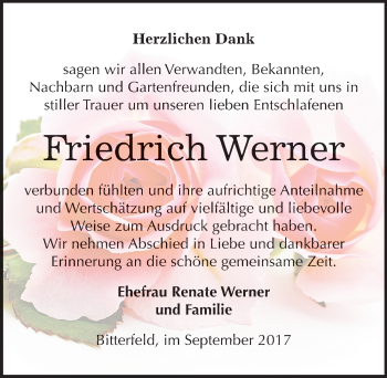 Traueranzeige von Friedrich Werner von Mitteldeutsche Zeitung Bitterfeld