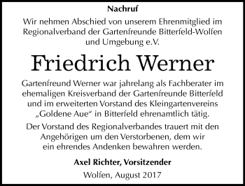 Traueranzeige von Friedrich Werner von Mitteldeutsche Zeitung Bitterfeld