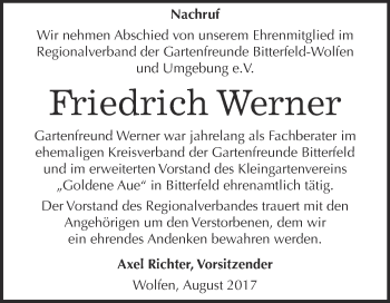Traueranzeige von Friedrich Werner von WVG - Wochenspiegel Bitterfeld