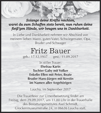 Traueranzeige von Fritz Bauer von WVG - Wochenspiegel NMB / WSF / ZTZ