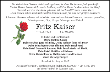 Traueranzeige von Fritz Kaiser von WVG - Wochenspiegel Dessau / Köthen
