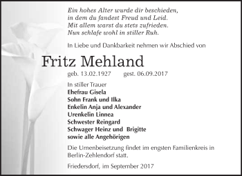 Traueranzeige von Fritz Mehland von WVG - Wochenspiegel Bitterfeld