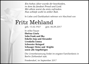 Traueranzeige von Fritz Mehland von Mitteldeutsche Zeitung Bitterfeld