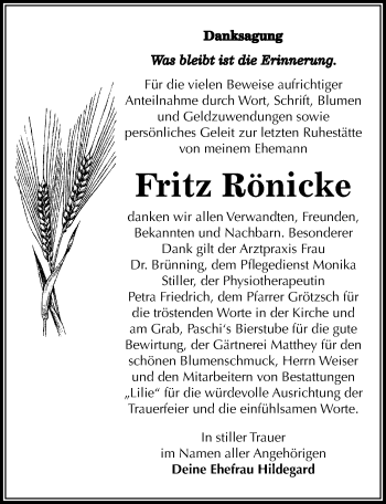 Traueranzeige von Fritz Rönicke von Mitteldeutsche Zeitung Dessau-Roßlau