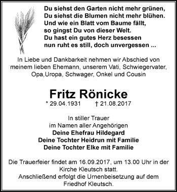 Traueranzeige von Fritz Rönicke von Mitteldeutsche Zeitung Dessau-Roßlau
