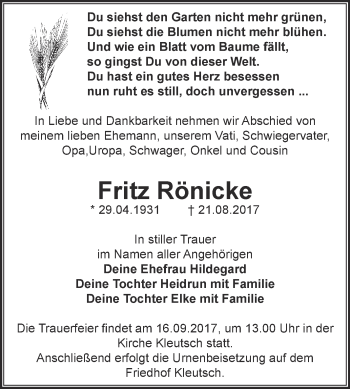 Traueranzeige von Fritz Rönicke von WVG - Wochenspiegel Dessau / Köthen