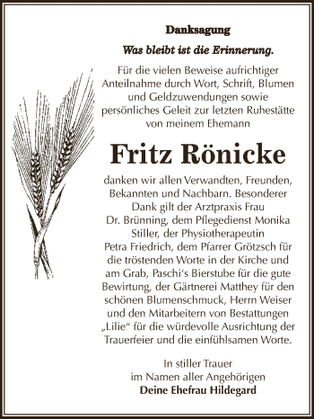 Traueranzeige von Fritz Rönicke von WVG - Wochenspiegel Dessau / Köthen