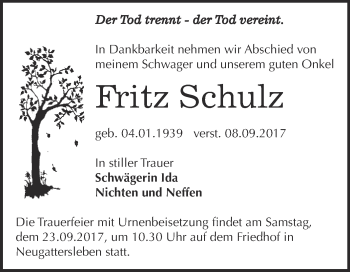 Traueranzeige von Fritz Schulz von Super Sonntag Bernburg