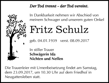 Traueranzeige von Fritz Schulz von Mitteldeutsche Zeitung Bernburg