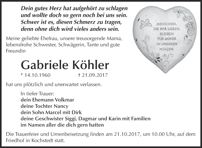  Traueranzeige für Gabriele Köhler vom 30.09.2017 aus WVG - Wochenspiegel Dessau / Köthen