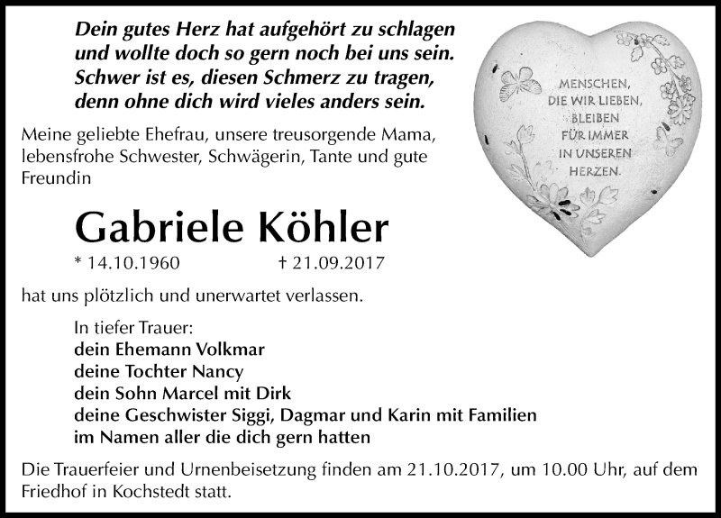  Traueranzeige für Gabriele Köhler vom 30.09.2017 aus Mitteldeutsche Zeitung Dessau-Roßlau