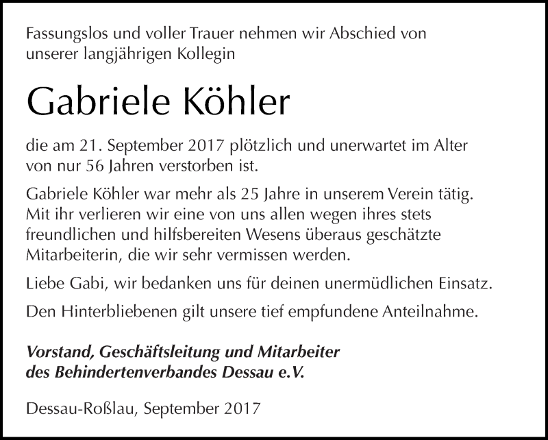  Traueranzeige für Gabriele Köhler vom 30.09.2017 aus WVG - Wochenspiegel Dessau / Köthen