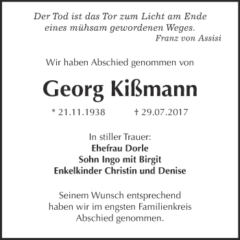 Traueranzeige von Georg Kißmann von WVG - Wochenspiegel Wittenberg