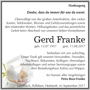 Traueranzeige von Gerd Franke von Super Sonntag SGH Mansf. Land