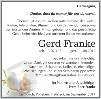 Traueranzeige von Gerd Franke von Mitteldeutsche Zeitung Mansfelder Land