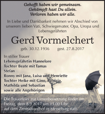 Traueranzeige von Gerd Vormelchert von Mitteldeutsche Zeitung Merseburg/Querfurt