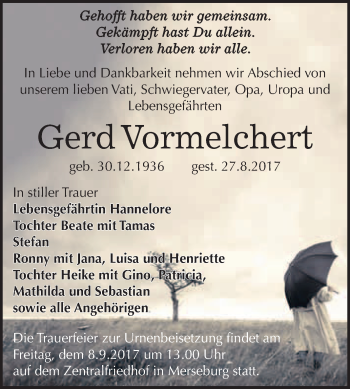 Traueranzeige von Gerd Vormelchert von WVG - Wochenspiegel Merseburg