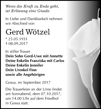 Traueranzeige von Gerd Wötzel von Mitteldeutsche Zeitung Bitterfeld