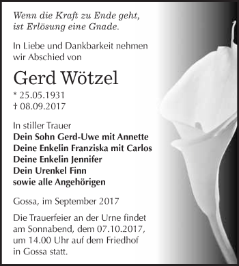 Traueranzeige von Gerd Wötzel von WVG - Wochenspiegel Bitterfeld