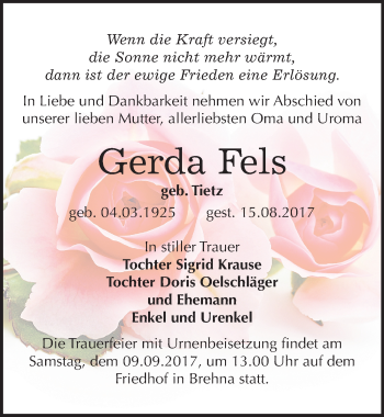 Traueranzeige von Gerda Fels von Mitteldeutsche Zeitung Bitterfeld