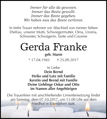 Traueranzeige von Gerda Franke von Super Sonntag SGH Mansf. Land