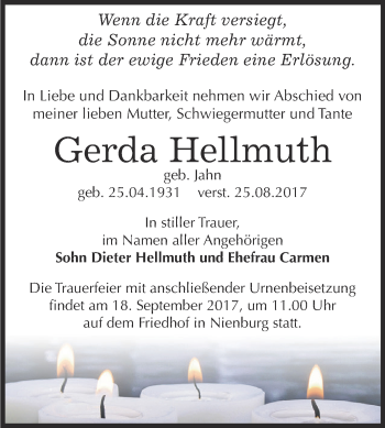 Traueranzeige von Gerda Hellmuth von Super Sonntag Bernburg